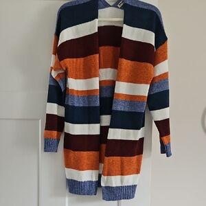 Multi Color Striped Open-Front Long Cardigan